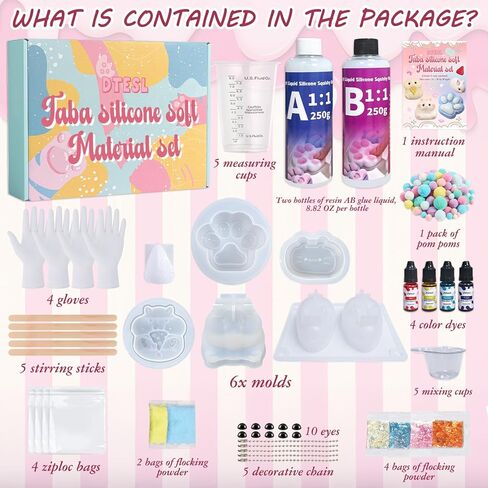 DTESL DIY Taba Squishy Making Kit 18OZ 1:1 AB Liquid Silicone with 6 Molds Cheese Hamster/Sitting Hamster/Mold Cat Claw/Rabbit/Cat/Strawberry Color Paste, Flocking Powder,Gifts Party Favors in Saudi Arabia