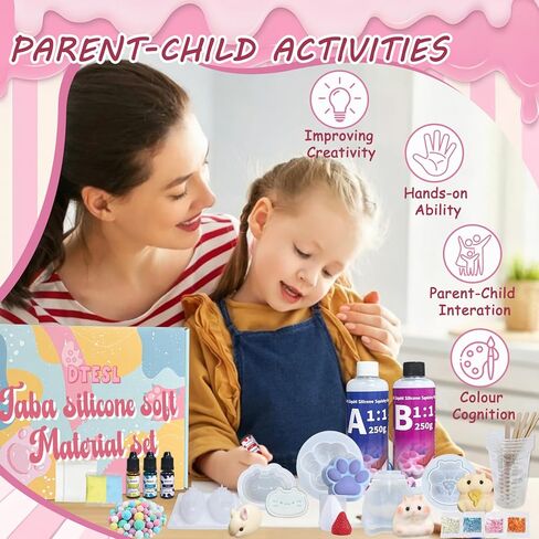 DTESL DIY Taba Squishy Making Kit 18OZ 1:1 AB Liquid Silicone with 6 Molds Cheese Hamster/Sitting Hamster/Mold Cat Claw/Rabbit/Cat/Strawberry Color Paste, Flocking Powder,Gifts Party Favors in Saudi Arabia