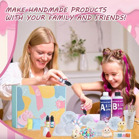 DTESL DIY Taba Squishy Making Kit 18OZ 1:1 AB Liquid Silicone with 6 Molds Cheese Hamster/Sitting Hamster/Mold Cat Claw/Rabbit/Cat/Strawberry Color Paste, Flocking Powder,Gifts Party Favors in Saudi Arabia