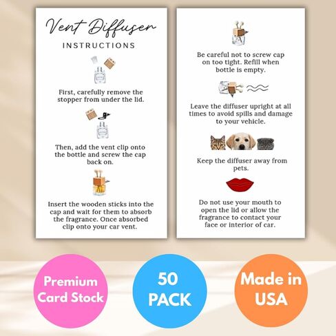 Car Vent Wood Diffuser Care Card | 50 Pack | 2x3.5 inch | Vent Clip Reed Oil Diffuser Bottles | Vent Diffuser Instructions LEES A.M. in Saudi Arabia