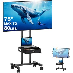 Hayexiha Rolling TV Stand with Drawer for 32-75 Inch TVs, Mobile TV Cart with 360° Wheels & Height Adjustable Shelf for Home & Office, Max VESA 600x400mm, Black in Saudi Arabia