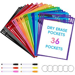 24 Pack Red Dry Erase Pockets, 10" x 14" Clear Plastic Sleeves for Classroom, Teacher, Office Supplies, with 6 Metal Clasps and 6 Colored Markers in Saudi Arabia