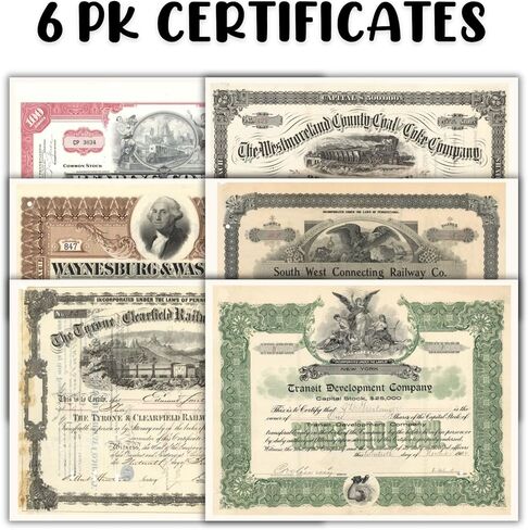 Railroad Stock Certificate of Ownership 6pk on Linen 8.5x11" Vintage Reproductions Old Rare Vignettes Reading Union Pacific Value Collectors Items in Kuwait