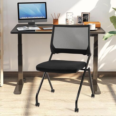 CLATINA Stackable & Foldable Chairs with Wheels, Reception Guest Chairs with Lumbar Support, Ergonomic Mesh Back Folding Chair for Office Meeting Schools Training Conference Waiting Room, Black in Saudi Arabia