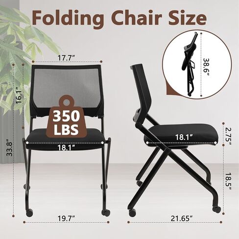 CLATINA Stackable & Foldable Chairs with Wheels, Reception Guest Chairs with Lumbar Support, Ergonomic Mesh Back Folding Chair for Office Meeting Schools Training Conference Waiting Room, Black in Saudi Arabia