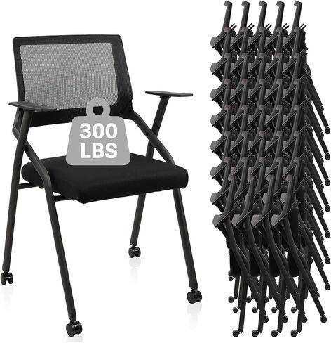 CLATINA Stackable & Foldable Chairs with Wheels, Reception Guest Chairs with Lumbar Support, Ergonomic Mesh Back Folding Chair for Office Meeting Schools Training Conference Waiting Room, Black in Saudi Arabia