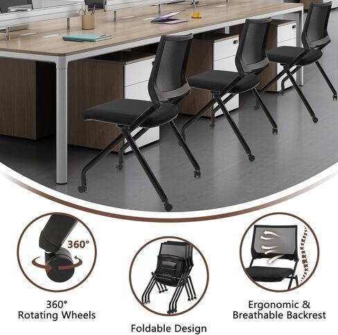 CLATINA Stackable & Foldable Chairs with Wheels, Reception Guest Chairs with Lumbar Support, Ergonomic Mesh Back Folding Chair for Office Meeting Schools Training Conference Waiting Room, Black in Saudi Arabia
