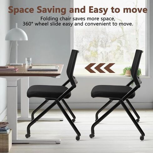 CLATINA Stackable & Foldable Chairs with Wheels, Reception Guest Chairs with Lumbar Support, Ergonomic Mesh Back Folding Chair for Office Meeting Schools Training Conference Waiting Room, Black in Saudi Arabia