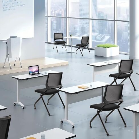 CLATINA Stackable & Foldable Chairs with Wheels, Reception Guest Chairs with Lumbar Support, Ergonomic Mesh Back Folding Chair for Office Meeting Schools Training Conference Waiting Room, Black in Saudi Arabia