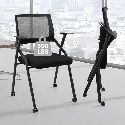 CLATINA Stackable & Foldable Chairs with Wheels, Reception Guest Chairs with Lumbar Support, Ergonomic Mesh Back Folding Chair for Office Meeting Schools Training Conference Waiting Room, Black in Saudi Arabia