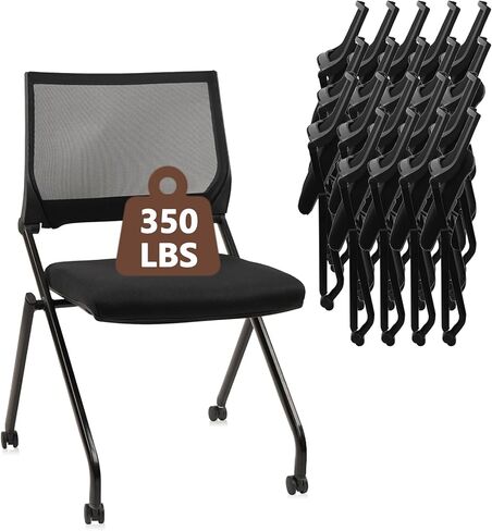 CLATINA Stackable & Foldable Chairs with Wheels, Reception Guest Chairs with Lumbar Support, Ergonomic Mesh Back Folding Chair for Office Meeting Schools Training Conference Waiting Room, Black in Saudi Arabia