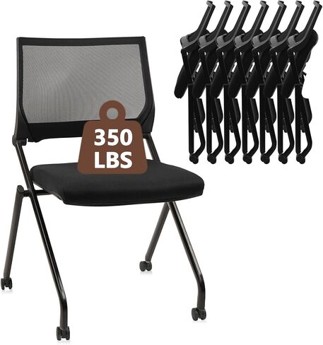 CLATINA Stackable & Foldable Chairs with Wheels, Reception Guest Chairs with Lumbar Support, Ergonomic Mesh Back Folding Chair for Office Meeting Schools Training Conference Waiting Room, Black in Saudi Arabia