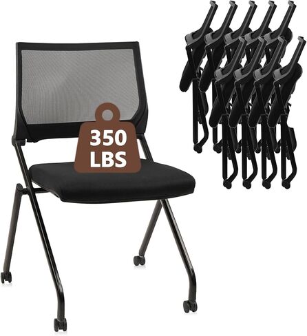 CLATINA Stackable & Foldable Chairs with Wheels, Reception Guest Chairs with Lumbar Support, Ergonomic Mesh Back Folding Chair for Office Meeting Schools Training Conference Waiting Room, Black in Saudi Arabia