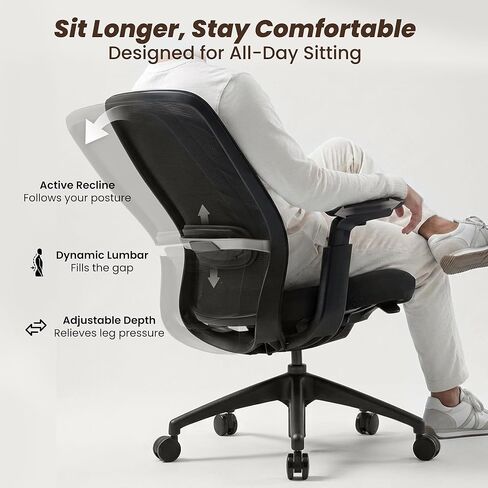 COLAMY Aether Executive Office Chair for Long Hours, One-Touch Easy Adjust Managerial Desk Chair with Levitating Seat Cushion & Pilot-Level Sync Armrests, 300 LBS Mid Back Mesh Computer Chair,Black in Saudi Arabia