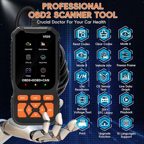 Professional V520 OBD2 Scanner – Advanced Car Diagnostic Tool with Live Data, Check Engine Reset, ABS/SRS Scan, Mode 6 & 8, Oxygen Sensor & Battery Test – Works with All Cars 1996+ (OBDII/EOBD) in Saudi Arabia