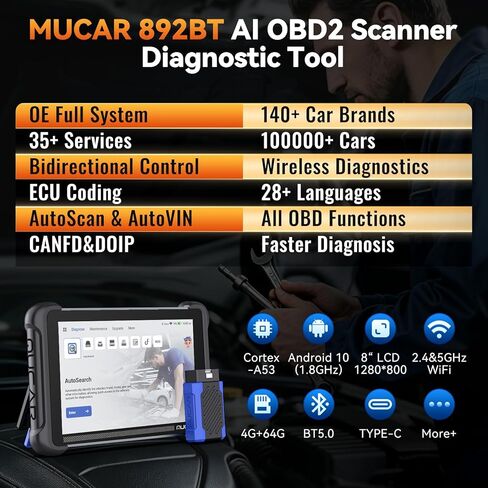 MUCAR 892BT AI Bi-Directional OBD2 Scanner, Full System OBD2 Scanner Diagnostic Tool,35 Services,ECU Coding,FCA Autoauth,CANFD&DOIP,for Car Owners, DIYer, Technicians, Inspectors, Trainees and Others in Saudi Arabia