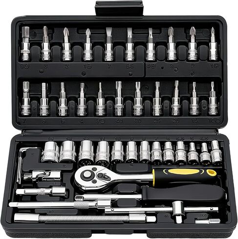 46 Pieces Drive Socket Ratchet Wrench Set, 1/4 inch Metric Socket Set, Ratchet Wrench Set with Quick-Release Ratchet and Extension Bar, Storage Case - Perfect for Auto Repair & Home Use in Saudi Arabia