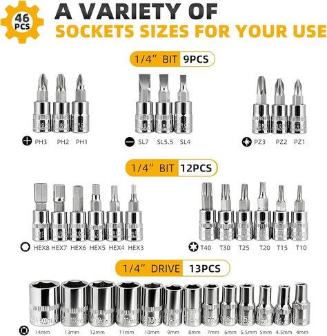 46 Pieces Drive Socket Ratchet Wrench Set, 1/4 inch Metric Socket Set, Ratchet Wrench Set with Quick-Release Ratchet and Extension Bar, Storage Case - Perfect for Auto Repair & Home Use in Saudi Arabia