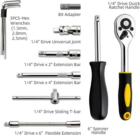 46 Pieces Drive Socket Ratchet Wrench Set, 1/4 inch Metric Socket Set, Ratchet Wrench Set with Quick-Release Ratchet and Extension Bar, Storage Case - Perfect for Auto Repair & Home Use in Saudi Arabia