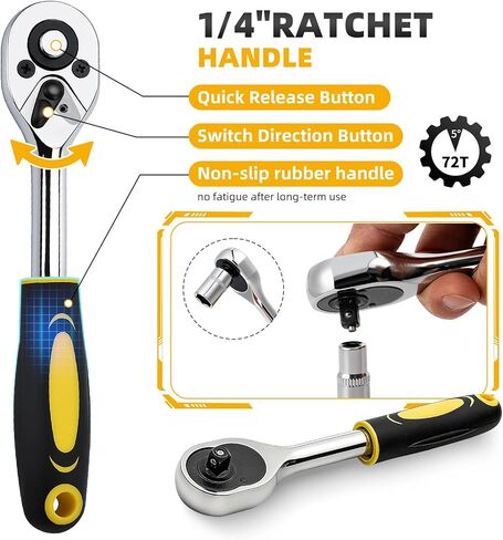 46 Pieces Drive Socket Ratchet Wrench Set, 1/4 inch Metric Socket Set, Ratchet Wrench Set with Quick-Release Ratchet and Extension Bar, Storage Case - Perfect for Auto Repair & Home Use in Saudi Arabia