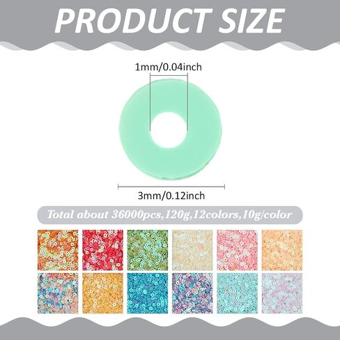 36000pcs 12 Colors Flat Round Sequin Paillettes Round Loose Sequins Colorful PVC Iridescent Applique Large Spangle Craft Loose Sequin for Sewing Craft DIY Embroidery Ornament Supply in Kuwait
