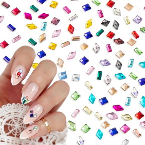 HINZIC 150pcs Rhinestones Nail Art Charm, Flatback Gems Colorful Crystal Glass Jewels Face Clothes Shoes Decor Bead, Mini Diamond Square Rectangle Geometric for Crafts Acrylic Nail Supplies in Kuwait