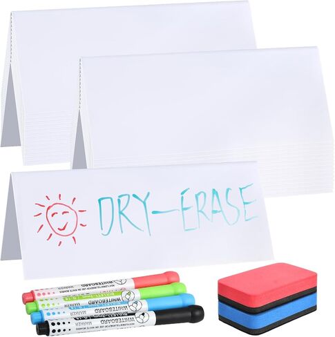 14 Pcs Reusable Dry Erase Name Tent Cards for Table with 4 Dry Erase Markers and 2 Erasers, 7.8" x 3.1" Reusable PVC Name Cards Desk Place Card Plates for Weddings Classroom Office Meetings, White in Kuwait