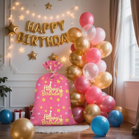 KIDAJOY Extra Large Pink Birthday Gift Bags Girls Pink and Gold 36x56 Inch Jumbo Plastic Gift Bag XL Happy Birthday Themed Kids WoKIDAJOYmen Men Party Favors Decorations Golden Star in Saudi Arabia