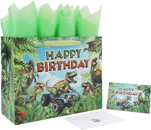 13'' Large Dinosaur Truck Birthday Gift Bag Set with Handles, Greeting Card, Blue Tissue Papers and Stickers for Boys Kids Teens Men for Birthday, Boy's Party, Baby, Dinosaur Truck Design, 1 Pcs in Kuwait