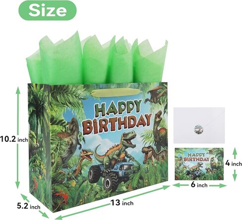 13'' Large Dinosaur Truck Birthday Gift Bag Set with Handles, Greeting Card, Blue Tissue Papers and Stickers for Boys Kids Teens Men for Birthday, Boy's Party, Baby, Dinosaur Truck Design, 1 Pcs in Kuwait