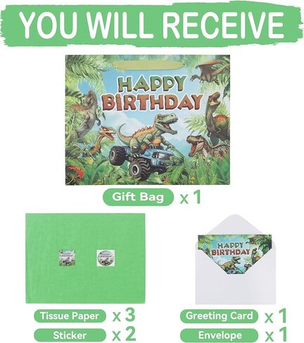 13'' Large Dinosaur Truck Birthday Gift Bag Set with Handles, Greeting Card, Blue Tissue Papers and Stickers for Boys Kids Teens Men for Birthday, Boy's Party, Baby, Dinosaur Truck Design, 1 Pcs in Kuwait