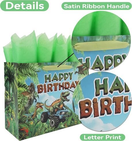13'' Large Dinosaur Truck Birthday Gift Bag Set with Handles, Greeting Card, Blue Tissue Papers and Stickers for Boys Kids Teens Men for Birthday, Boy's Party, Baby, Dinosaur Truck Design, 1 Pcs in Kuwait