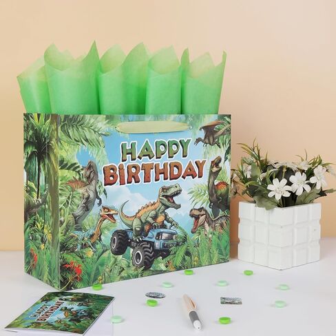 13'' Large Dinosaur Truck Birthday Gift Bag Set with Handles, Greeting Card, Blue Tissue Papers and Stickers for Boys Kids Teens Men for Birthday, Boy's Party, Baby, Dinosaur Truck Design, 1 Pcs in Kuwait