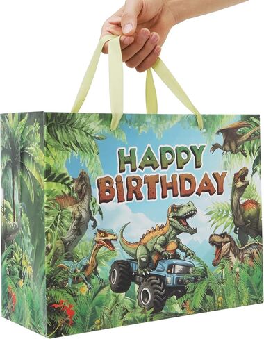 13'' Large Dinosaur Truck Birthday Gift Bag Set with Handles, Greeting Card, Blue Tissue Papers and Stickers for Boys Kids Teens Men for Birthday, Boy's Party, Baby, Dinosaur Truck Design, 1 Pcs in Kuwait