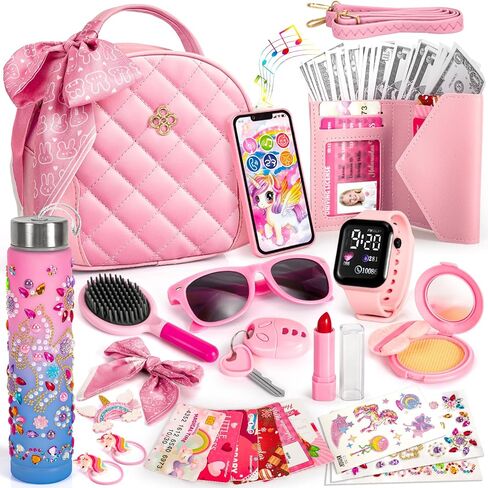 Hohosunlar Play Purse for Girls, Kids Handbag with Pretend Makeup, DIY Unicorn Water Bottle, Princess Toy Phone, Watch, Wallet, Cards, Christmas Birthday Gift for Girls Toddler Ages 3-12 in Saudi Arabia