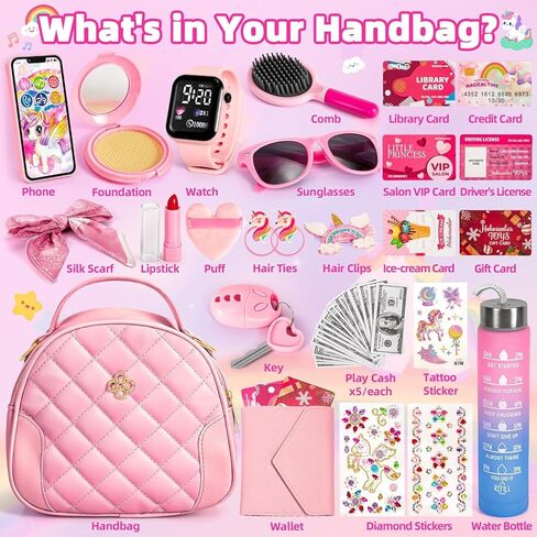 Hohosunlar Play Purse for Girls, Kids Handbag with Pretend Makeup, DIY Unicorn Water Bottle, Princess Toy Phone, Watch, Wallet, Cards, Christmas Birthday Gift for Girls Toddler Ages 3-12 in Saudi Arabia