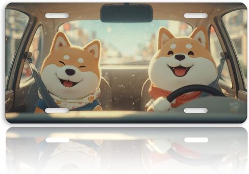 Funny Dog Front License Plate for Women Cartoon Cute Shiba Sunny Puppy Car Vanity Plates Decorative Aluminum Metal Cute Novelty License Plate Cover for Men 6x12 Inch (4 Holes) in Saudi Arabia