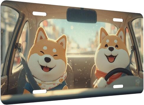 Funny Dog Front License Plate for Women Cartoon Cute Shiba Sunny Puppy Car Vanity Plates Decorative Aluminum Metal Cute Novelty License Plate Cover for Men 6x12 Inch (4 Holes) in Saudi Arabia