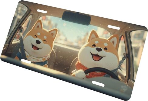 Funny Dog Front License Plate for Women Cartoon Cute Shiba Sunny Puppy Car Vanity Plates Decorative Aluminum Metal Cute Novelty License Plate Cover for Men 6x12 Inch (4 Holes) in Saudi Arabia
