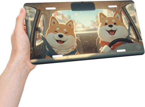 Funny Dog Front License Plate for Women Cartoon Cute Shiba Sunny Puppy Car Vanity Plates Decorative Aluminum Metal Cute Novelty License Plate Cover for Men 6x12 Inch (4 Holes) in Saudi Arabia