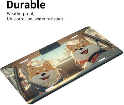 Funny Dog Front License Plate for Women Cartoon Cute Shiba Sunny Puppy Car Vanity Plates Decorative Aluminum Metal Cute Novelty License Plate Cover for Men 6x12 Inch (4 Holes) in Saudi Arabia