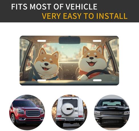 Funny Dog Front License Plate for Women Cartoon Cute Shiba Sunny Puppy Car Vanity Plates Decorative Aluminum Metal Cute Novelty License Plate Cover for Men 6x12 Inch (4 Holes) in Saudi Arabia