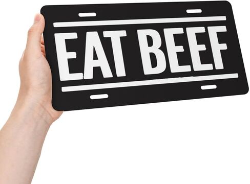 لوحة ترخيص خلفية سوداء من Eat Beef لواجهة السيارة المزخرفة، لوحة سيارة معدنية، علامة الغرور، لوحة ترخيص جديدة من الألومنيوم مقاومة للماء 6 × 12 بوصة in Kuwait