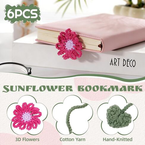 6 Pack Personalized Flower Crochet Bookmarks,Daisy Sunflower Book Marker Appreciation Gifts for Teacher Reading Women Colourful Flower Book Tabs Supplies Bulk for Book Lovers Office Classroom Gifts in Saudi Arabia