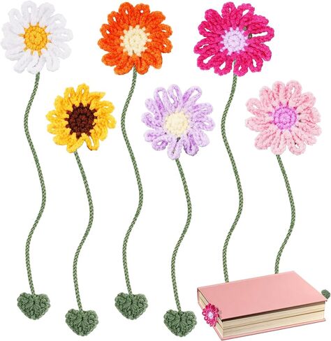 6 Pack Personalized Flower Crochet Bookmarks,Daisy Sunflower Book Marker Appreciation Gifts for Teacher Reading Women Colourful Flower Book Tabs Supplies Bulk for Book Lovers Office Classroom Gifts in Saudi Arabia