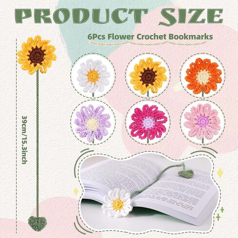6 Pack Personalized Flower Crochet Bookmarks,Daisy Sunflower Book Marker Appreciation Gifts for Teacher Reading Women Colourful Flower Book Tabs Supplies Bulk for Book Lovers Office Classroom Gifts in Saudi Arabia