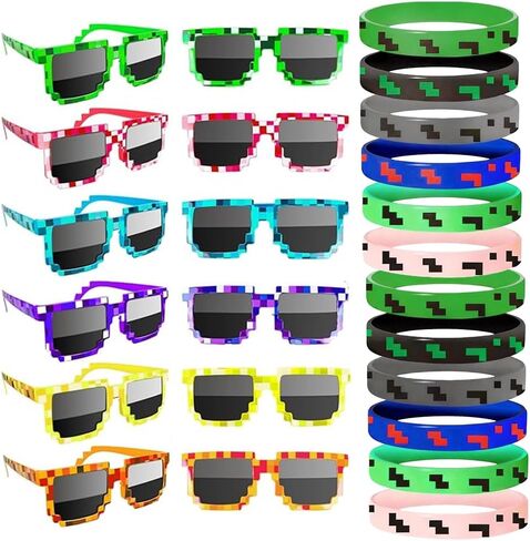 24PCS Pixel Party Favor Set, 12 Pixel Sunglasses & 12 Pixel Bracelets, Video Game Birthday Party Supplies for Kids Teens Adults, Gamer Party Favors, Goodie Bag Fillers, Photo Booth Props in Saudi Arabia