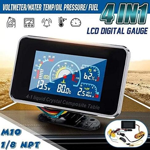 12V/24V 4 in 1 LCD Car Digital Alarm Gauge Pressure Voltmeter Volt Water Temperature Oil Pressure Fuel Gauge Temperature Sensor Automotive Sensors in Kuwait