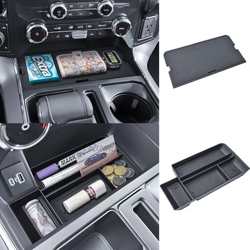 صينية تنظيم وحدة التحكم المركزية RUNROAD متوافقة مع ملحقات 2021-2025 Ford F150 و2022 2023 2024 Lightning XLT، غطاء جيب وحدة التحكم الوسطى وفواصل مخفية لصينية تخزين مسند الذراع F-150 (قطعتان) in Kuwait