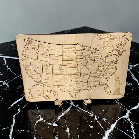 50 State with Cities American Puzzle Map - Art Kit - Raw Wood 12x18 Inches - 51 Pieces - with Stand in Kuwait